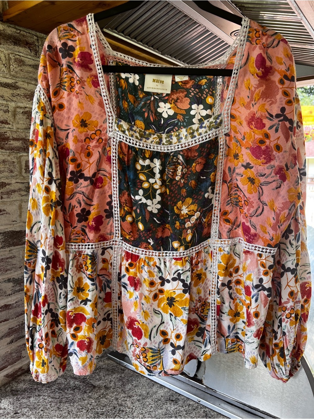Anthropologie Maeve Patchwork Floral Tunic — Pink, Mustard, Navy